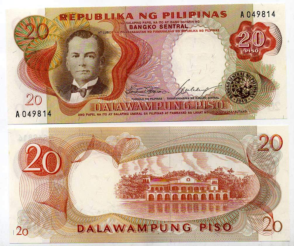 ФИЛИППИНЫ 20 ПИСО 1969 Pick 145 a бумага UNC (пресс) 445-55-2