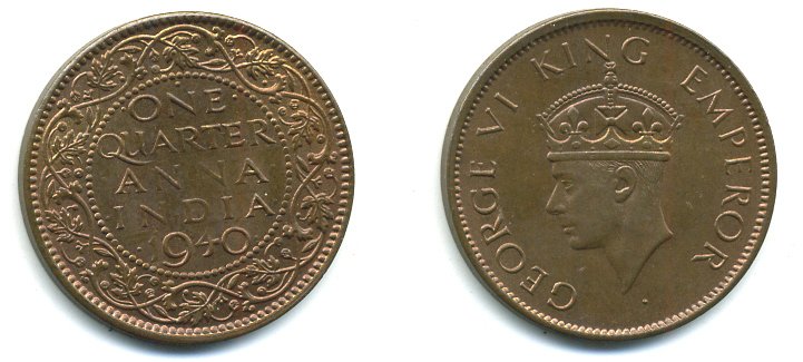 Британская Индия 1/4 анна 1940 Георг VI (1936-1952) KM 530 56-1013