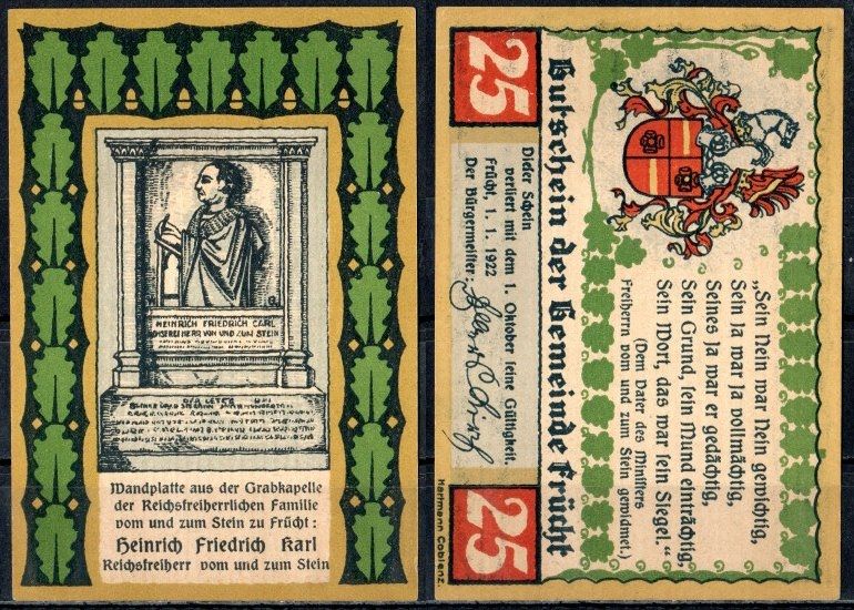 Фрюхт (Пруссия, Гессен-Нассау) 25 пфеннигов 1922 Mehl Grabowski 399.2-1/3 бумага UNC (пресс) 7555-20-1-1