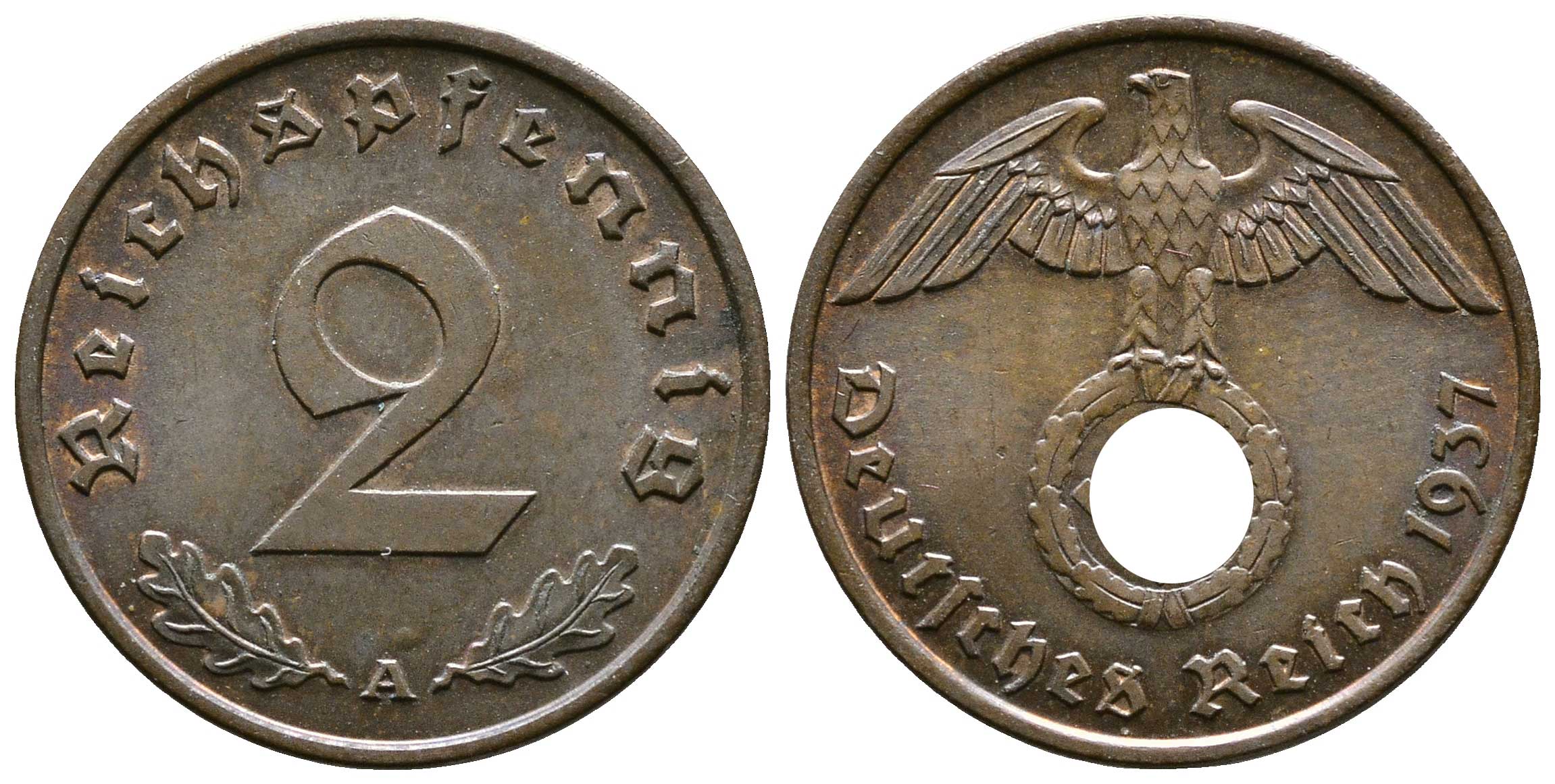 Германия 2 рейхспфеннига 1937 A KM 90, J. 362 бронза 176-444
