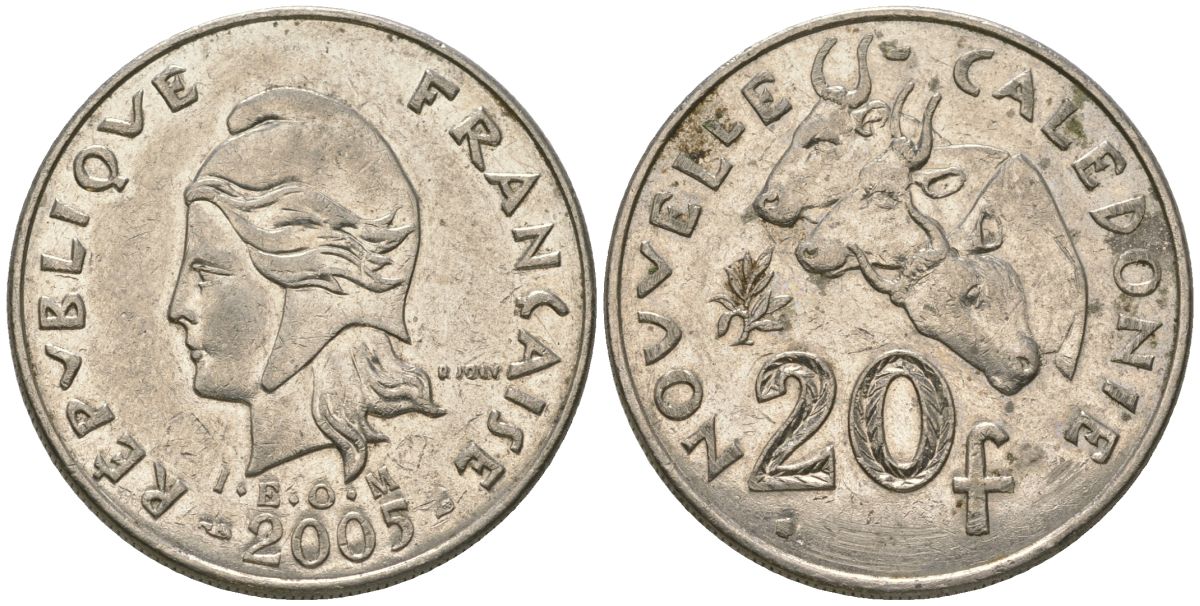 Французская Новая Каледония 20 франков 2005 три быка, (IEOM) KM 12, Schoen 14, Lec 115i никель 81-826