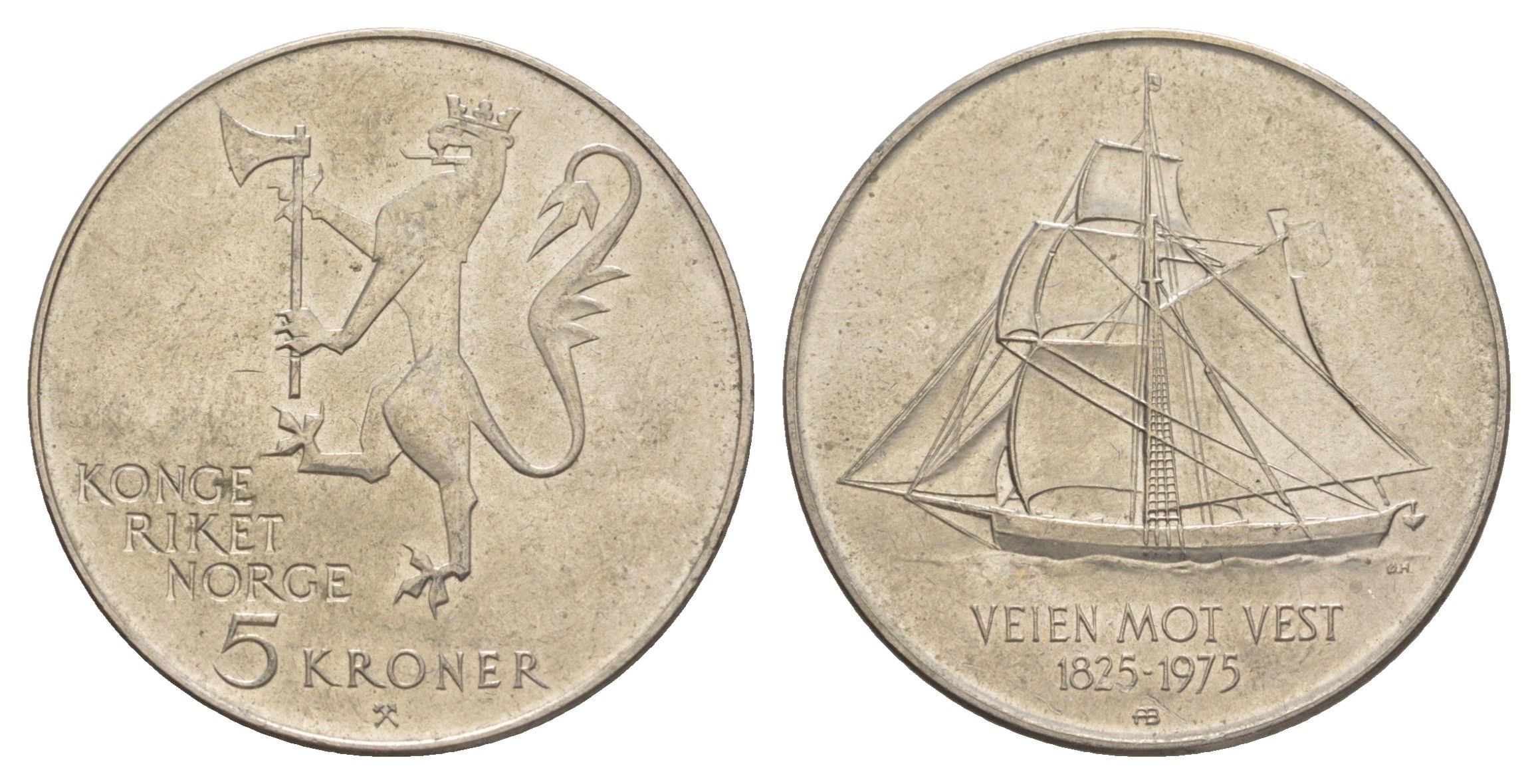 Норвегия 5 крон 1975 150 лет иммиграции в Америку KM 422 медно-никель aUNC 4162-433