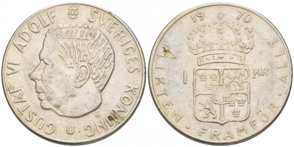 Швеция 1 крона 1970 Густав VI Адольф (1950-1973) KM 826a медь плакированная медно-никелем 3718-624