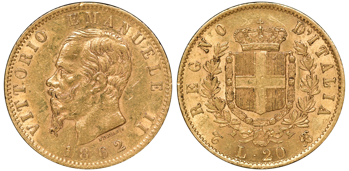 Италия 20 лир 1862 T, Виктор Эммануил II (1861 - 1878) KM 10 золото 00-00