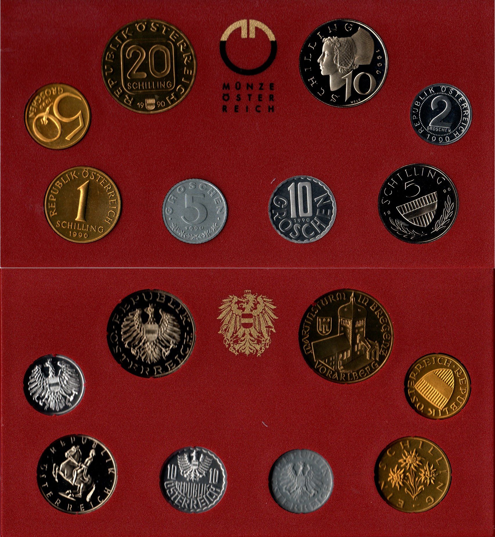 Австрия годовой набор из 8 монет (2, 5, 10 и 50 грошей; 1, 5, 10 и 20 шиллингов) 1990 в упаковке монетного двора KM PS51 (2875, 2876, 2878, 2885, 2886, 2889a, 2918 и 2993) PROOF 3-4-13-14