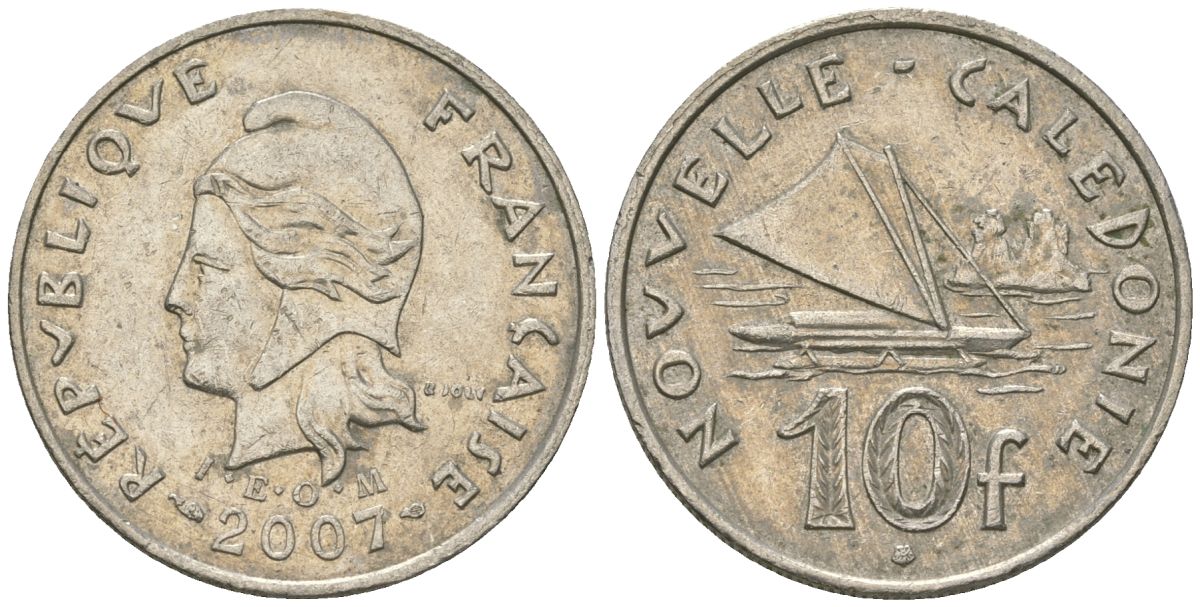 Французская Новая Каледония 10 франков 2007 рыбачья парусная лодка, (IEOM) KM 11a, Schoen 13a, Lec 99k медно-никель 56-1021