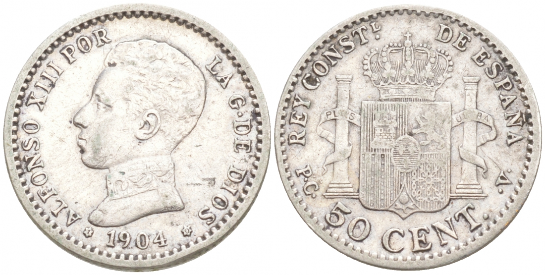 ИСПАНИЯ 50 СЕНТИМО 1904 (10) PC-V, АЛЬФОНСО XIII KM 723 серебро 44-926