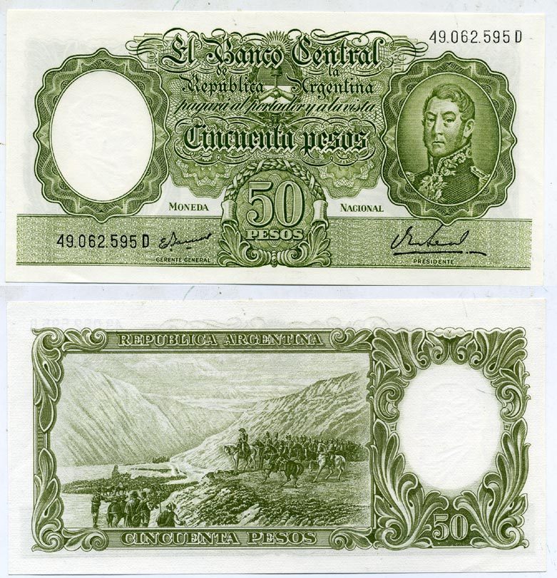 АРГЕНТИНА 50 ПЕСО 1969 СЕРИЯ D 49062, ГЕНЕРАЛ САН МАРТИН Pick 276 бумага UNC (ПРЕСС) 7485-25-3