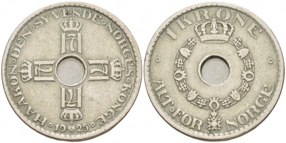 Норвегия 1 крона 1925 Хокон VII (1905-1957) KM 385 медно-никель 3457-957