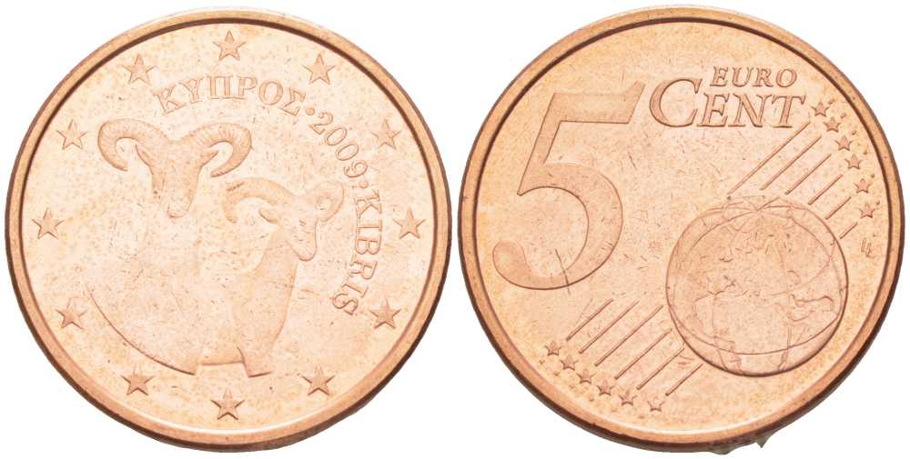 Кипр 5 евроцентов 2009 два муфлона KM 80 сталь плакированная медью UNC 100-1124