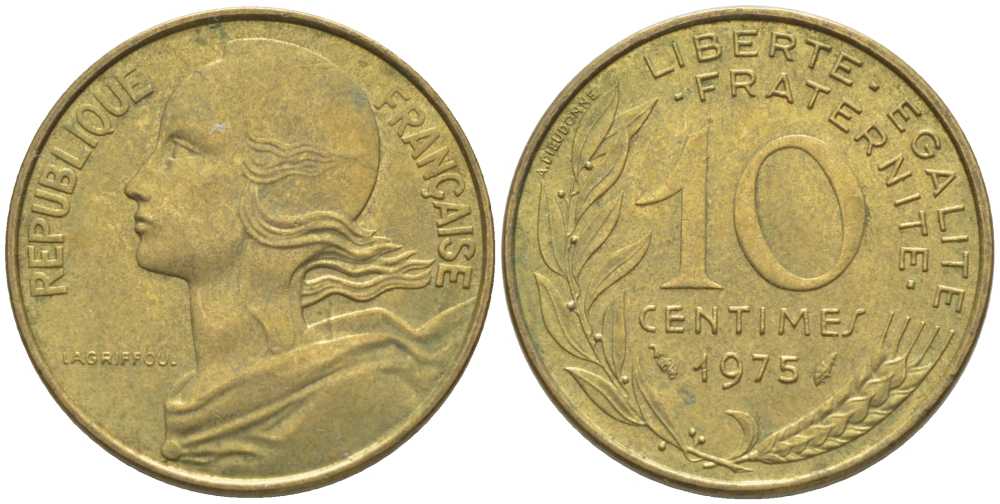 ФРАНЦИЯ 10 САНТИМОВ 1975 ТИП MARIANNE KM 929, LE FRANC 144.15 медь алюминий никель 116-124