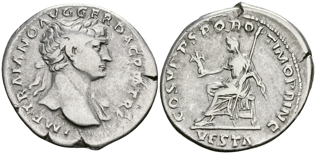 Римская Империя денарий 103 - 111 Траян COS V PP SPQR OPTIMO PRINC VESTA Веста, держащая палладиум Рим Very fine RIC 107 серебро 1073-4-1-6