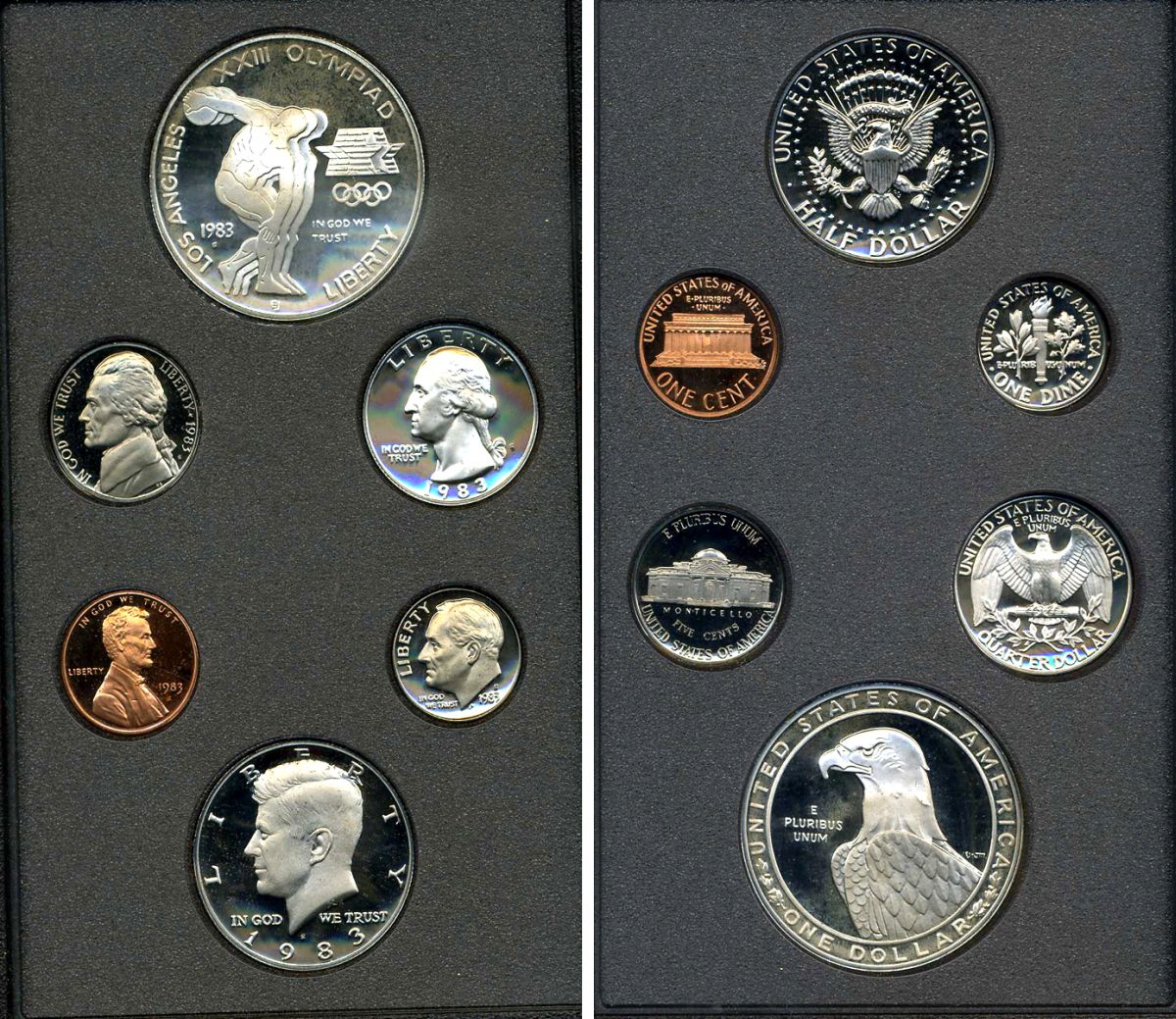 США набор из 6 монет 1983 в оригинальной пластиковой упаковке, коробка, сертификат серебро PROOF 3-4-10-5