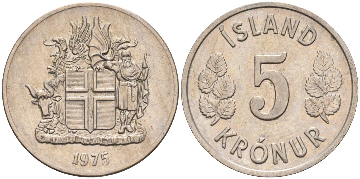Исландия 5 крон 1975 KM 18 медно-никель UNC 4124-761