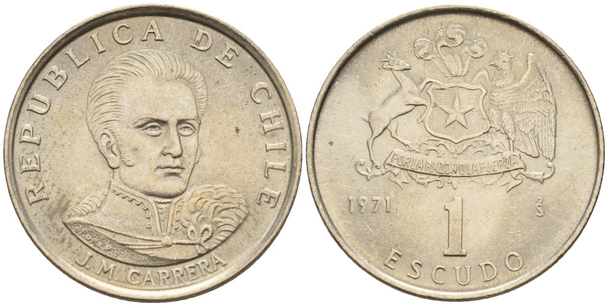 Чили 1 эскудо 1971 Хосе Мигель Каррера KM 197 медно-никель 4596-516