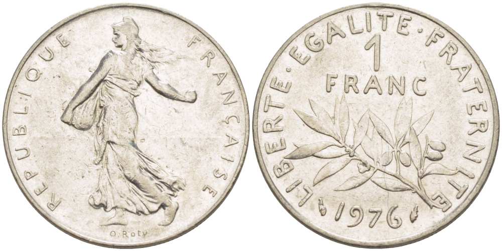 ФРАНЦИЯ 1 ФРАНК 1976 СЕЯТЕЛЬ KM 925.1, LE FRANC 226.21 никель 217-1123