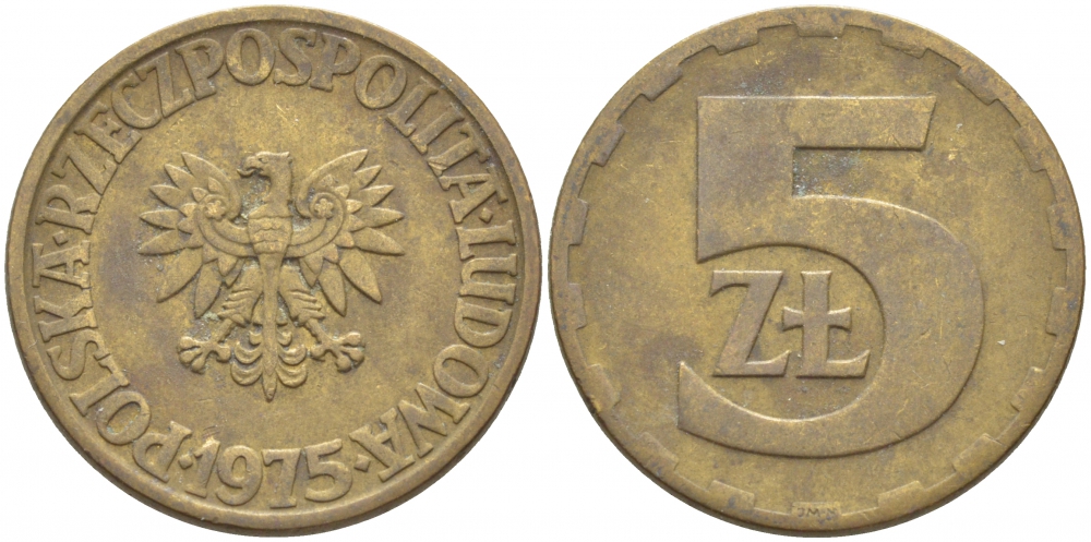 ПОЛЬША 5 ЗЛОТЫХ 1975 ЛЕНИНГРАДСКИЙ МОНДВОР KM 81.1 латунь 3856-623
