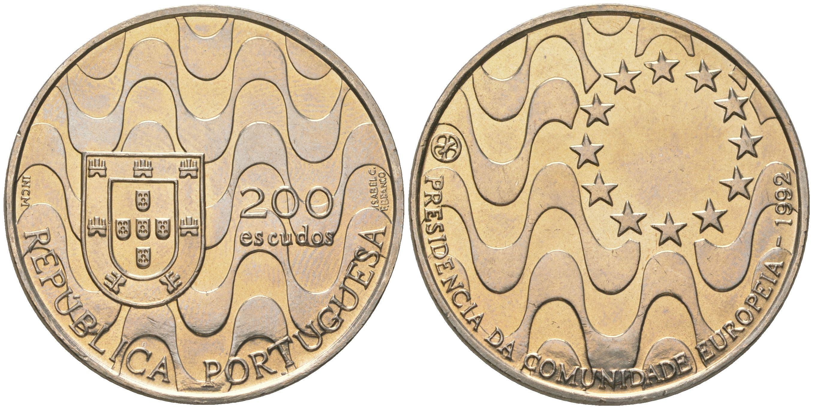 Португалия 200 эскудо 1992 Председательство Португалии в Евросоюзе KM 663 медно-никель UNC 74-321