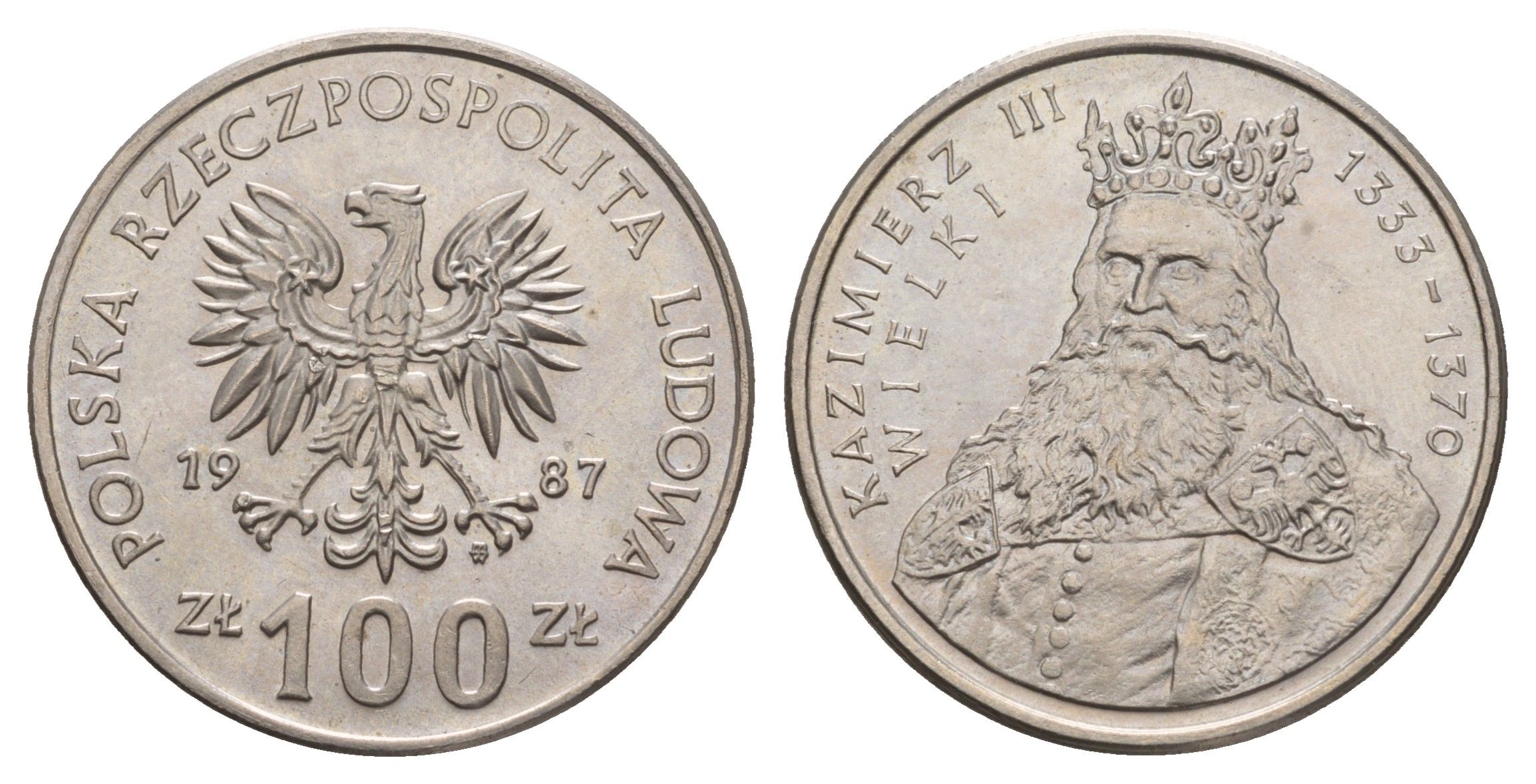 Польша 100 злотых 1987 Польские правители - Король Казимир III Великий Y 167 медно-никель UNC 4654-1025