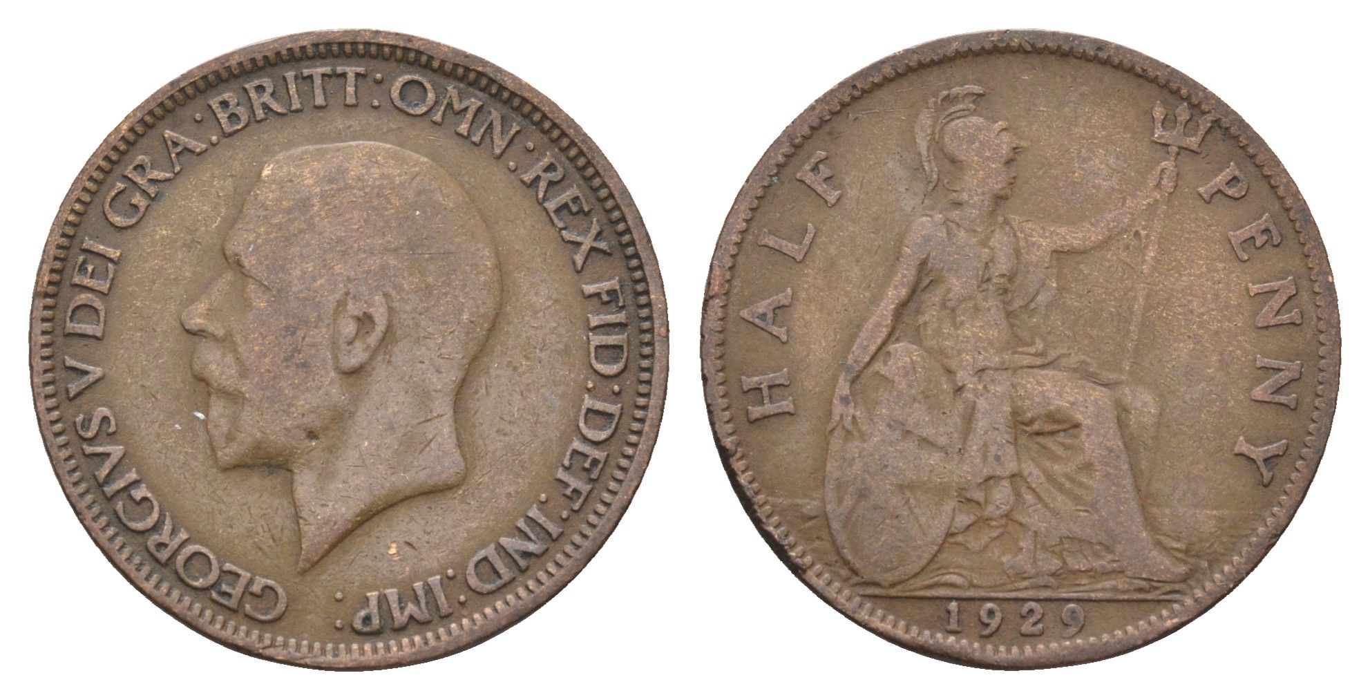 Великобритания 1/2 пенни 1929 Георг V (1910-1936) KM 837, Spink 4058 бронза 4662-1034