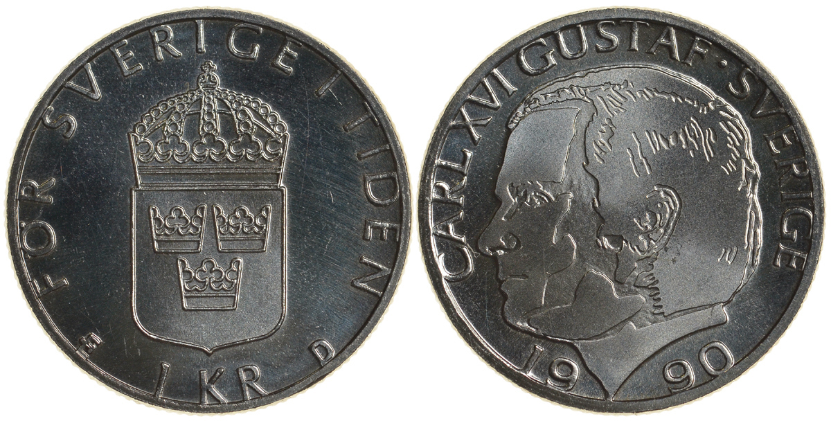 Швеция 1 крона 1990 Карл XVI Густав (1973- ) KM 852a медно-никель UNC 4179-1233