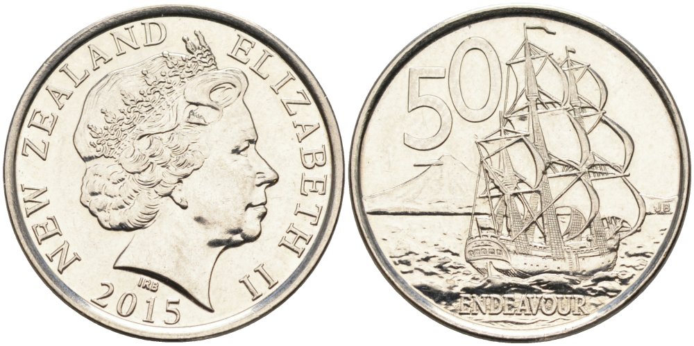 Новая Зеландия 50 центов 2015 Елизавета II (1952-2022), парусник Индевор KM 119а никелированная сталь 4579-1113