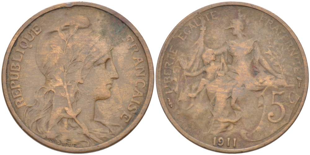 ФРАНЦИЯ 5 САНТИМОВ 1911 ТИП ДАНИЭЛЬ ДЮПЮИ KM 842, LE FRANC 119.23 бронза 77-251