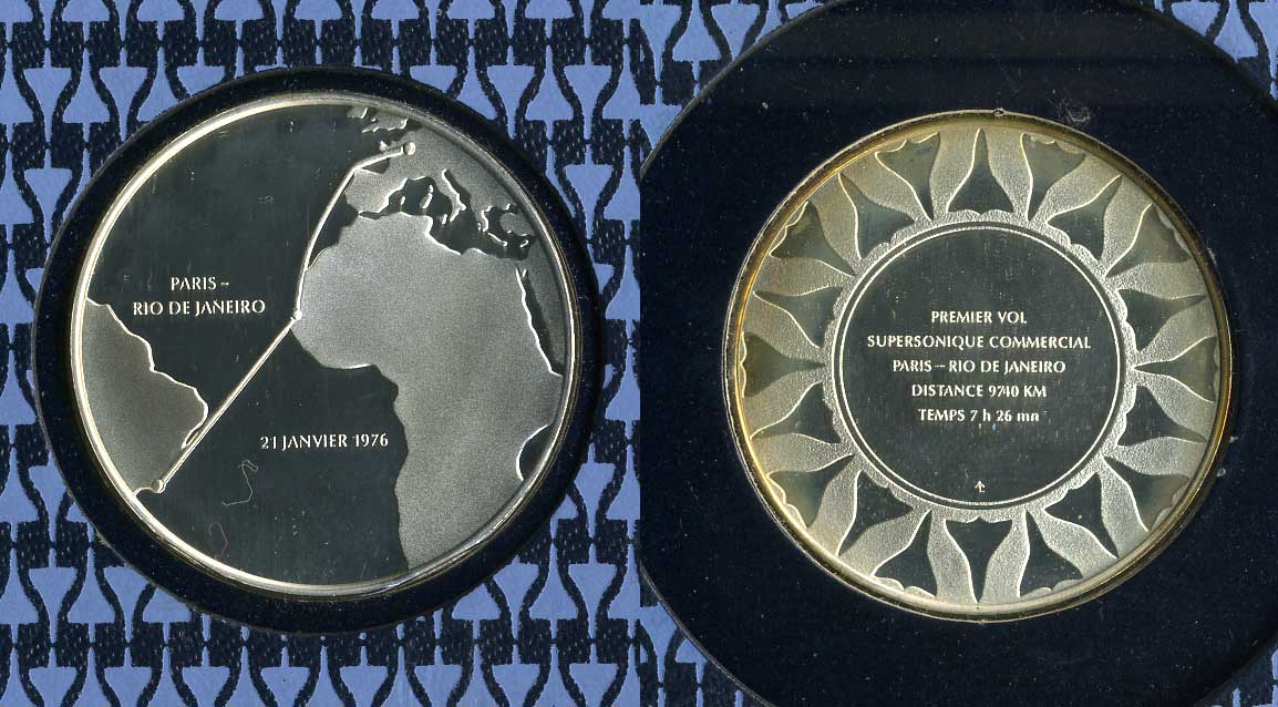 Франция медаль 1976 В ЧЕСТЬ ПЕРВОГО ПЕРЕЛЕТА КОНКОРДА ПО МАРШРУТУ ПАРИЖ - РИО-ДЕ-ЖЕНЕЙРО, буклет, марки, спецгашение  серебро  PROOF  8-1-05-14