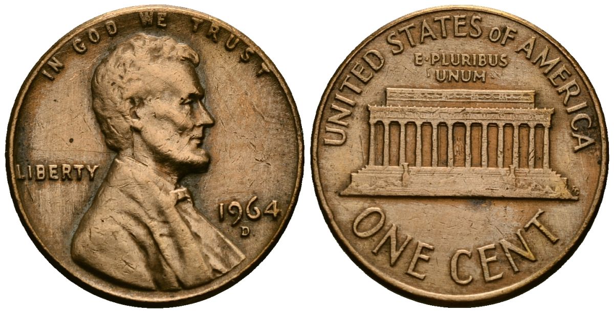 США 1 цент 1964 D KM 201 медь цинк 4136-958
