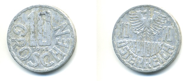 Австрия 10 грошей 1955 KM 2878 алюминий 80-818