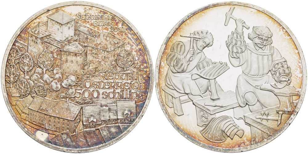 Австрия 500 шиллингов 2001 замок Шаттенбург, кузнецы KM 3080 серебро PROOF 1076-5-21