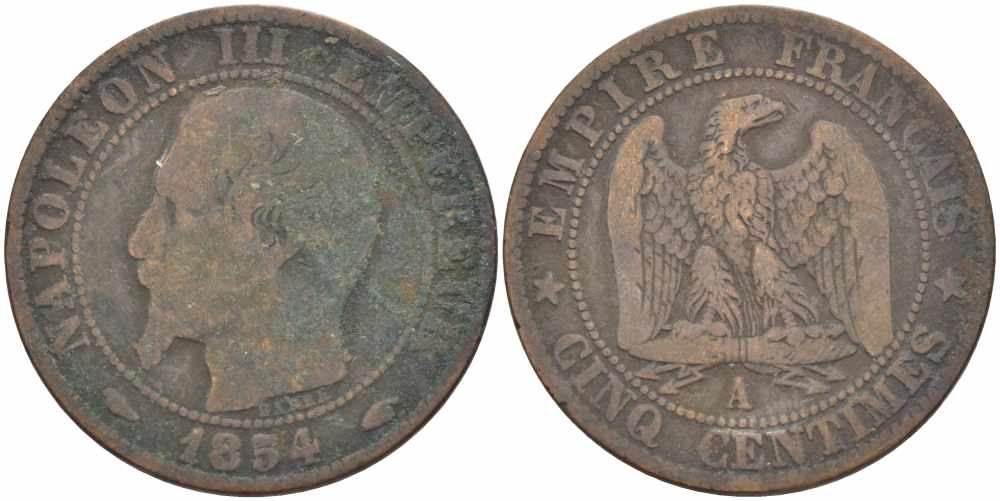 ФРАНЦИЯ 5 САНТИМОВ 1854 A, НАПОЛЕОН III (1852-1870) KM 777.1, LE FRANC 116.8 бронза 108-247