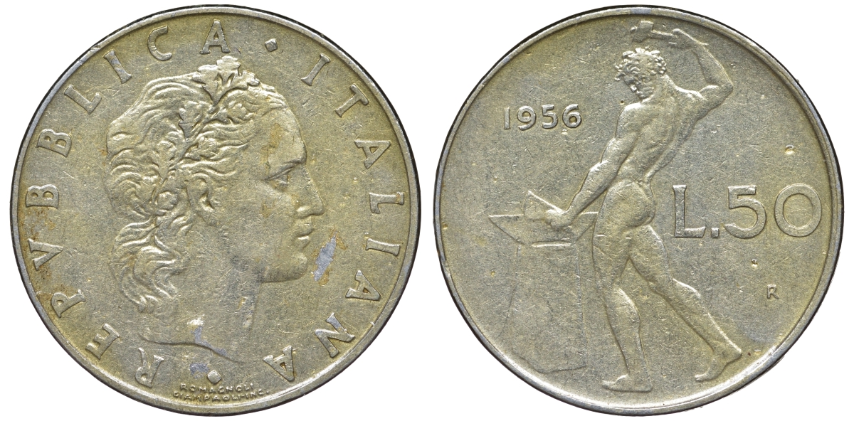 Италия 50 лир 1956 R, бог огня Вулкан у наковальни KM 95.1 нержавеющая сталь 4142-1146