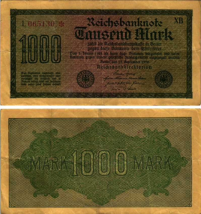 ГЕРМАНИЯ 1000 МАРОК 1922 15 СЕНТЯБРЯ 1922, ВОДЯНОЙ ЗНАК I, ЖЕЛТАЯ БУМАГА, СЕРИЯ XВ Pick 76b, Rosenberg 75d бумага 7183-63-1-1