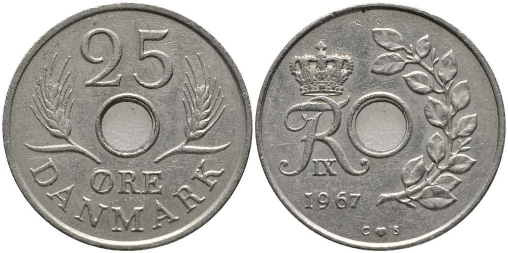 Дания 25 эре 1967 С; S, Фредерик IX (1947-1972) KM 855.1 медно-никель 175-717
