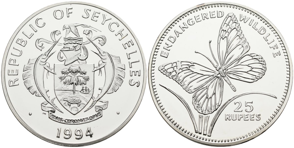 Сейшельские острова 25 рупий 1994 серия защита окружающей среды, бабочка, тираж 20000 экз. KM 74 серебро PROOF 00-00