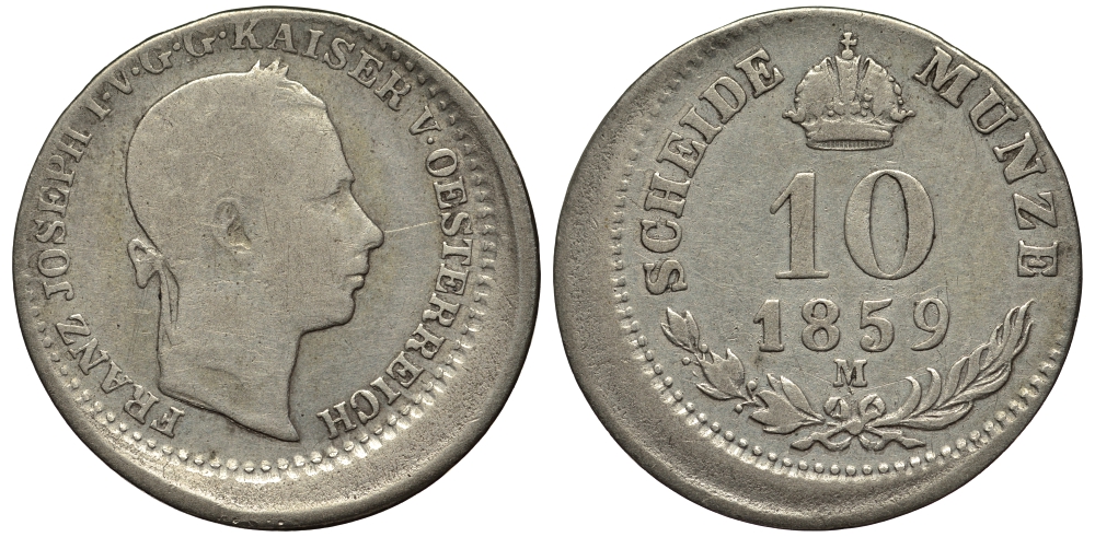 Австрия 10 крейцеров 1859 M, технологический брак чеканки, смещение J. 325 серебро 413-4745