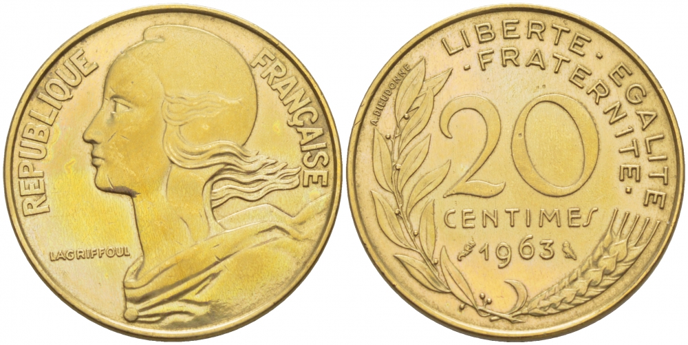 ФРАНЦИЯ 20 САНТИМОВ 1963 KM 930 медь алюминий никель 113-1212