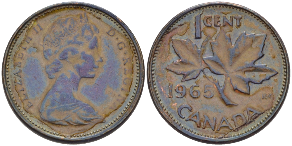 Канада 1 цент 1965 Елизавета II (1952-2022), кленовый лист KM 59.1 бронза 66-346