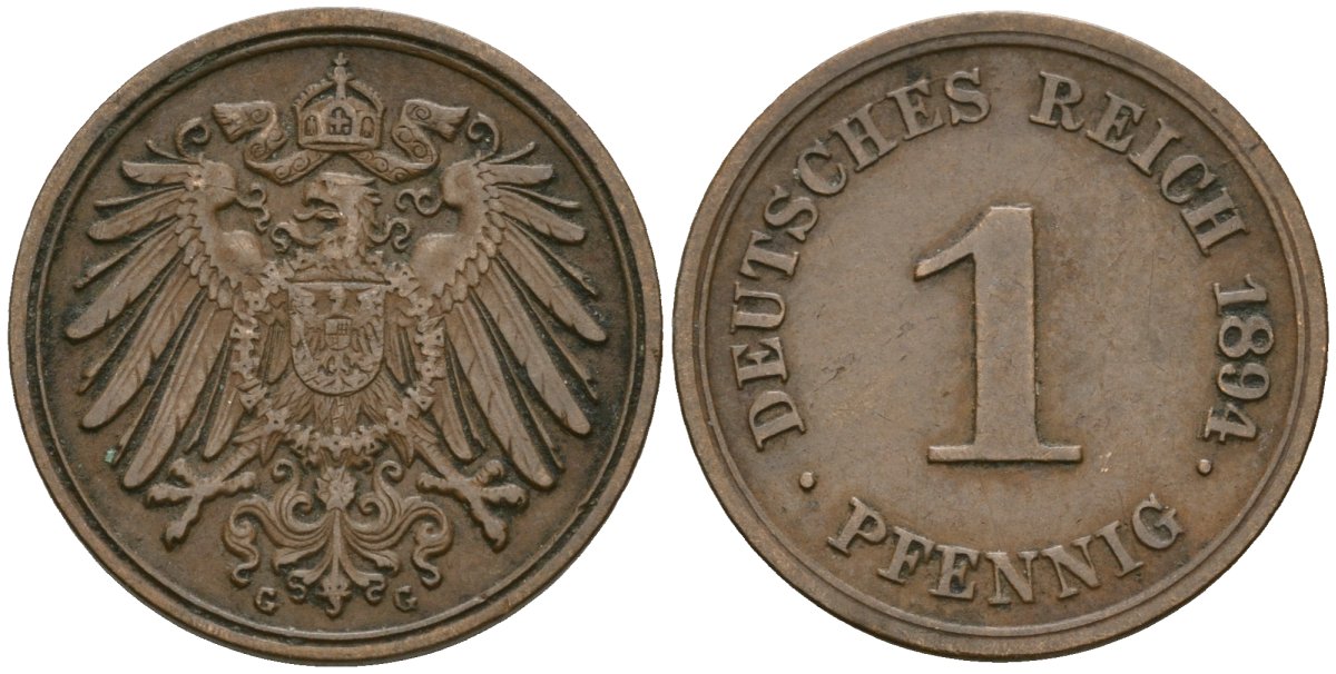 Германия 1 пфенниг 1894 G, Вильгельм II (1888-1918) KM 10, J. 10 медь 4608-223