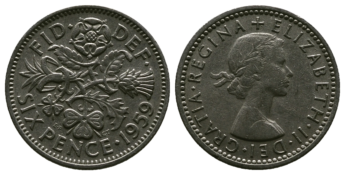 Великобритания 6 пенсов 1959 Елизавета II (1952-2022) KM 903, Spink 4149 медно-никель 4381-723