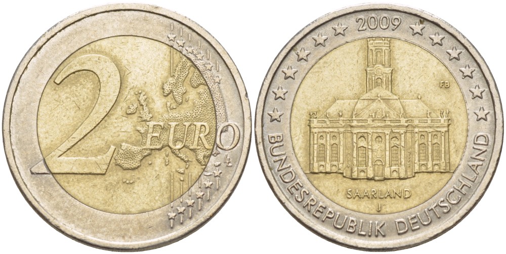 ФРГ 2 евро 2009 J, серия Федеральные земли, Саарланд, церковь Святого Людвига в Саарбрюккене KM 276 биметалл 4543-443