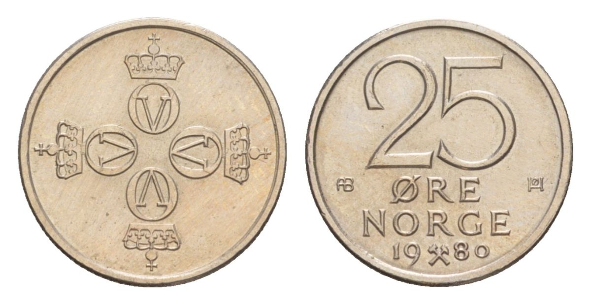Норвегия 25 эре 1980 Улаф V (1957-1991) KM 417 медно-никель UNC 4632-1253