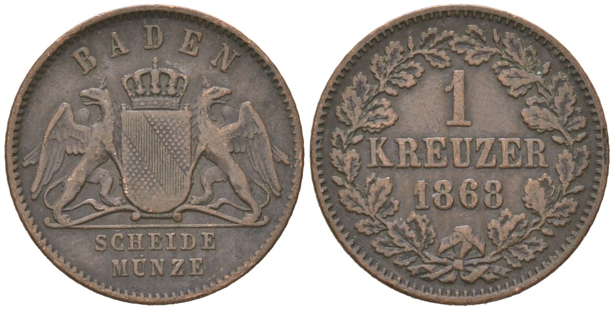 Баден 1 крейцер 1868 KM 242 медь 4615-838