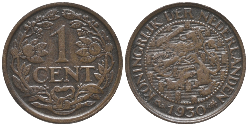 НИДЕРЛАНДЫ 1 ЦЕНТ 1930 ВИЛЬГЕЛЬМИНА (1890-1948) KM 152 бронза 100-852