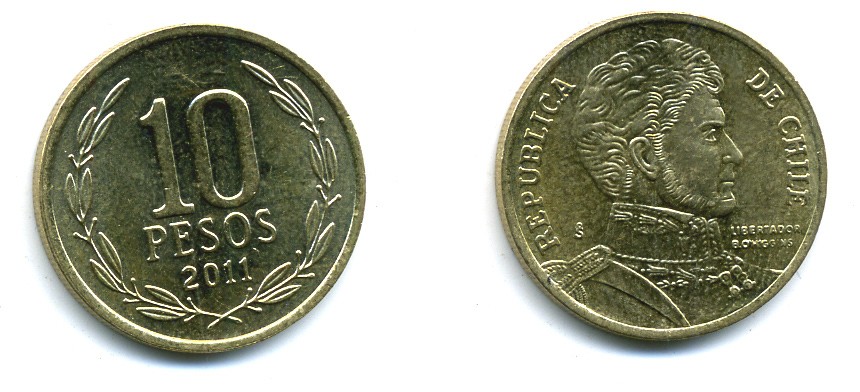 ЧИЛИ 10 ПЕСО 2011 ГЕНЕРАЛ БЕРНАРДО О ХИГГИНС KM 228.2 никель-бронза 37-1136