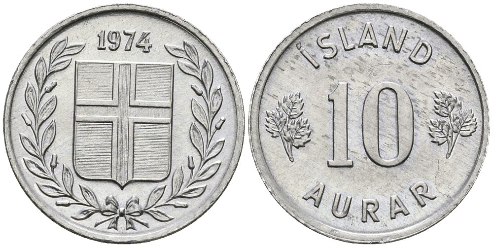 Исландия 10 эйре 1974 KM 10а алюминий UNC 4396-834