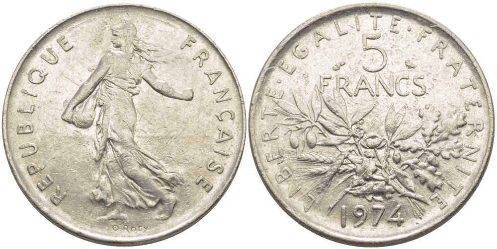 ФРАНЦИЯ 5 ФРАНКОВ 1974 СЕЯТЕЛЬ KM 926а.1, LE FRANC 341.6 медно-никель плакированный никелем 111-1143