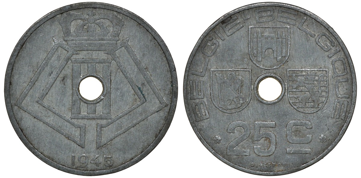 Бельгия 25 сантимов 1945 Belgie-Belgique KM 132 цинк 4163-637