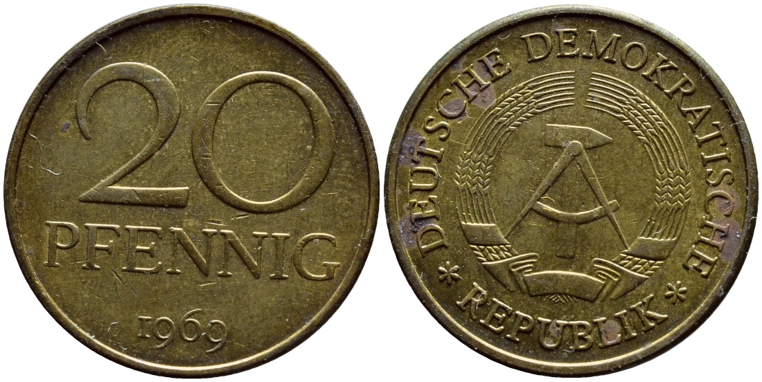ГДР 20 пфеннигов 1969 А, первый год KM 11 латунь UNC 4397-421